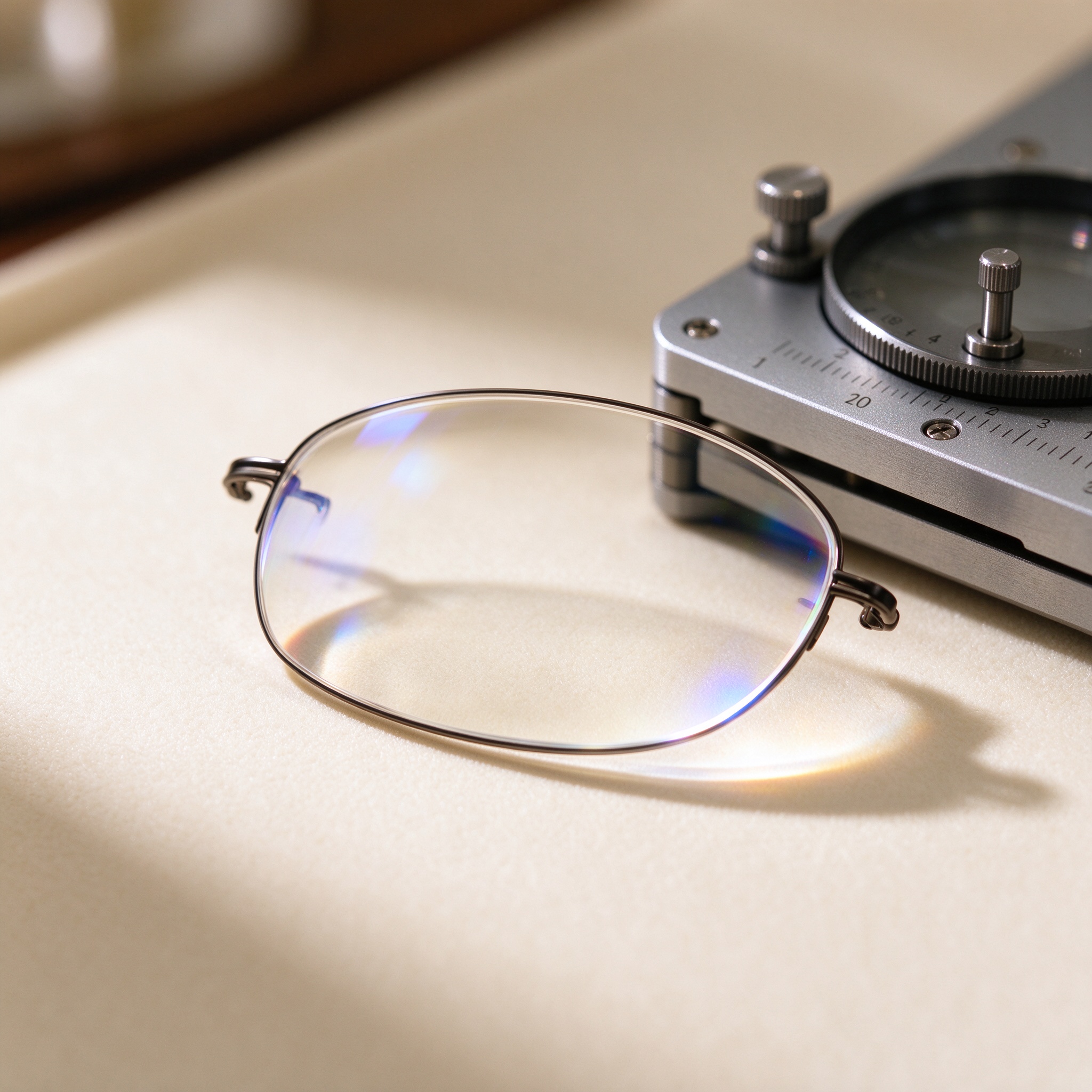 Prescription lens with anti-reflective coating beside a precision optical measuring instrument