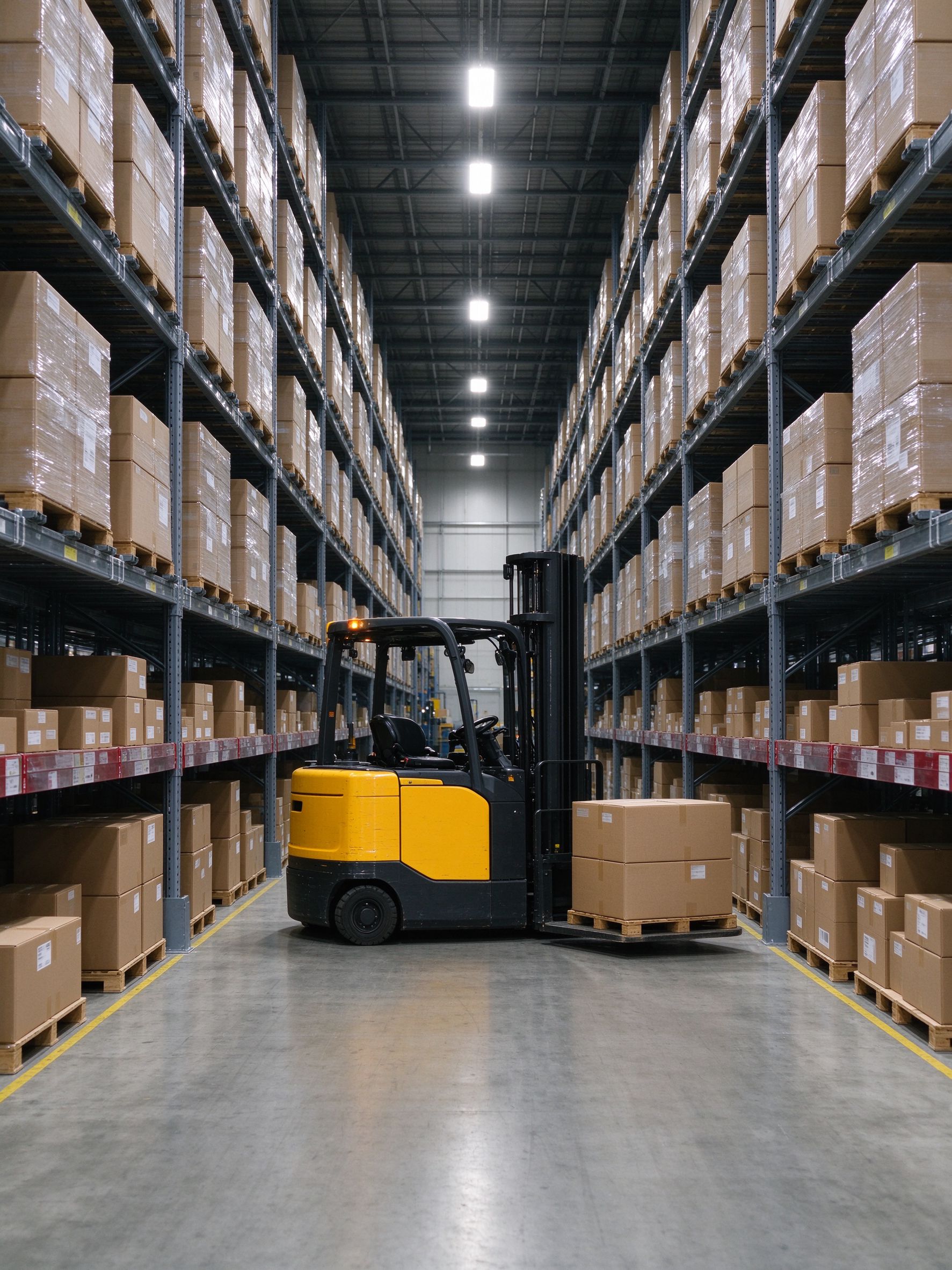 Modern warehouse interior with tall racks and a forklift in the aisle