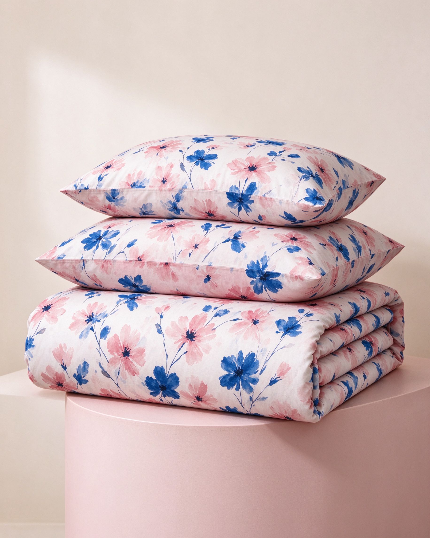 Abstract painterly floral bedding set in blush and cobalt, folded