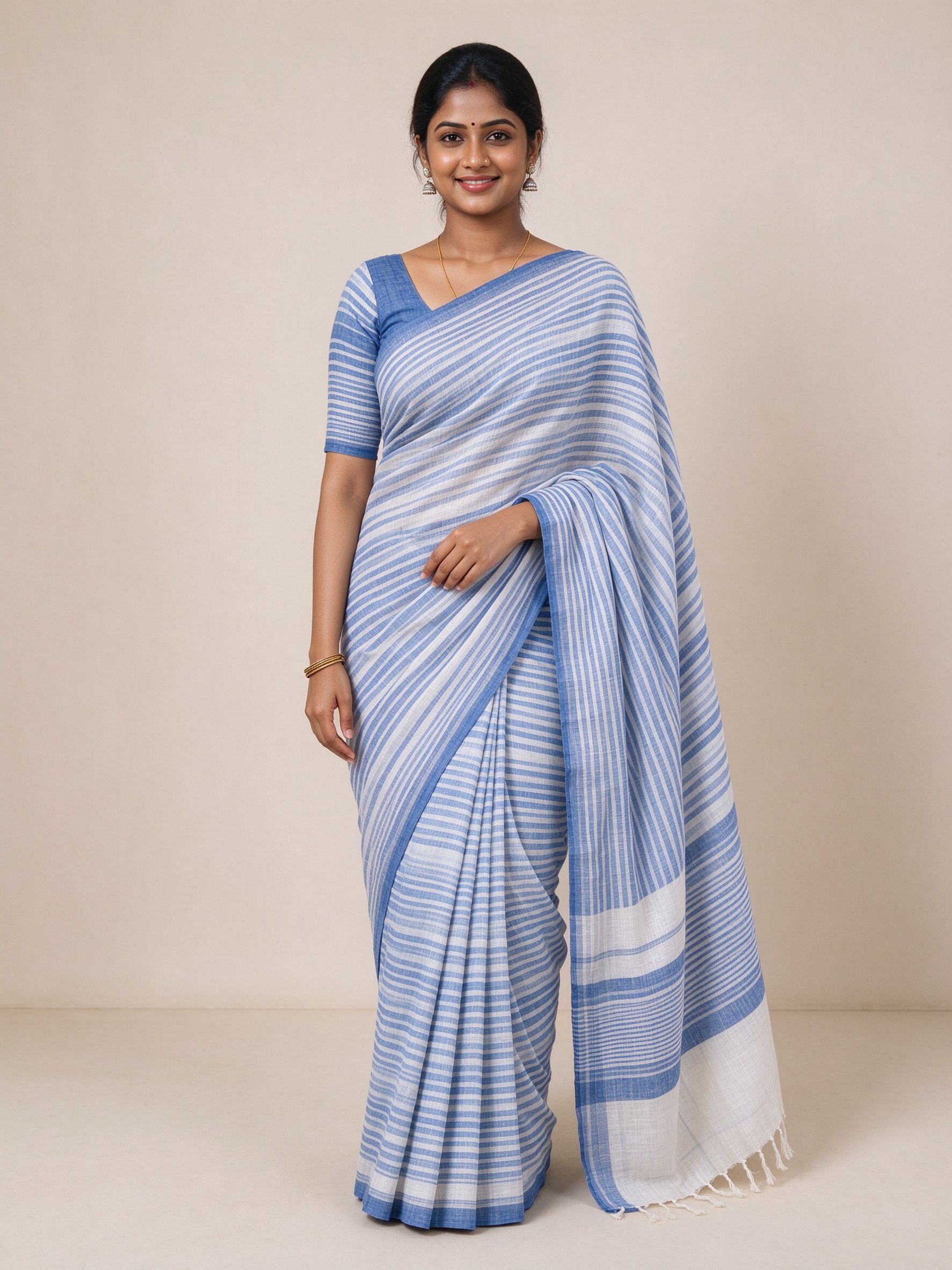 Handloom cotton saree in blue and white stripes