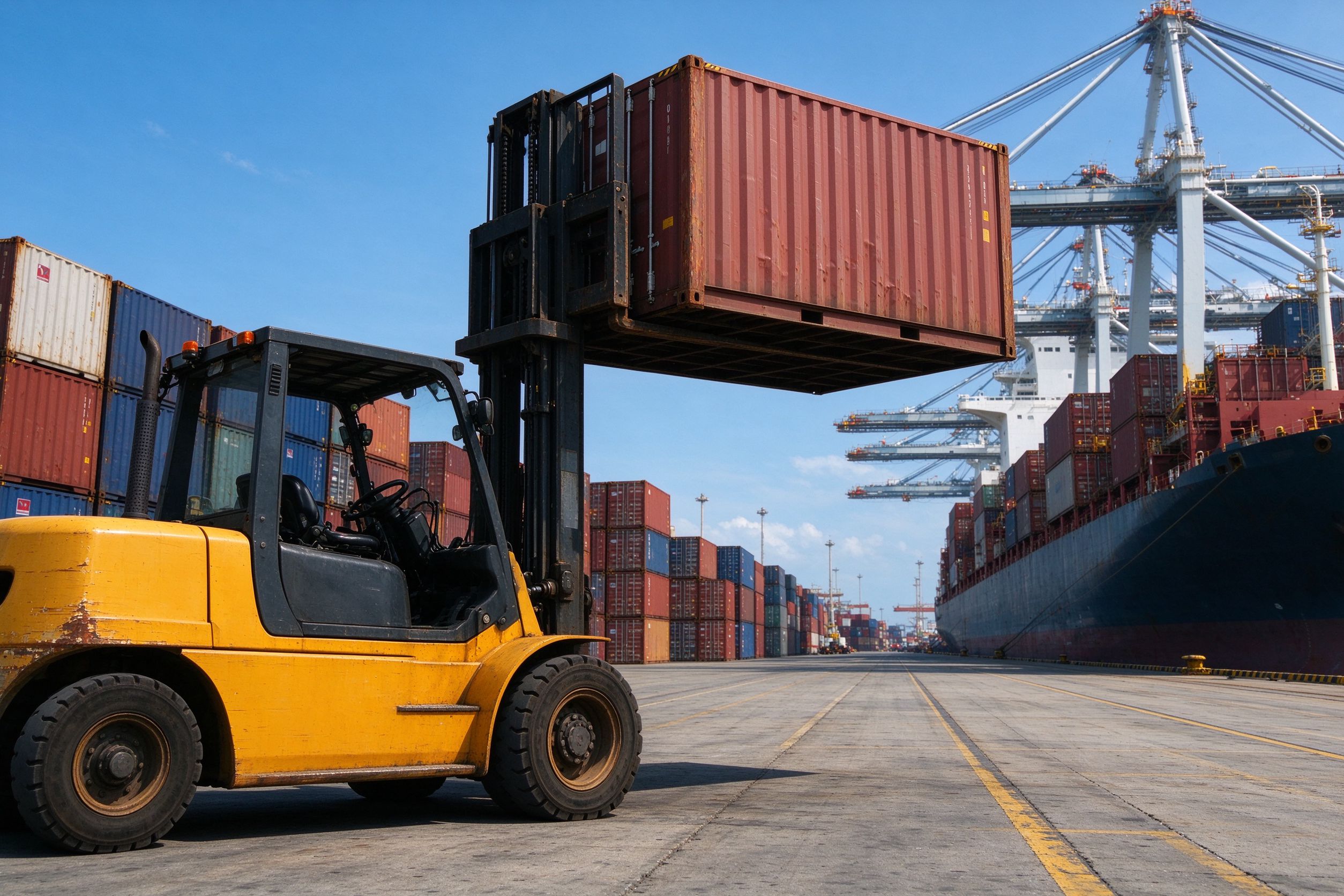 Forklift handling a shipping container at a port