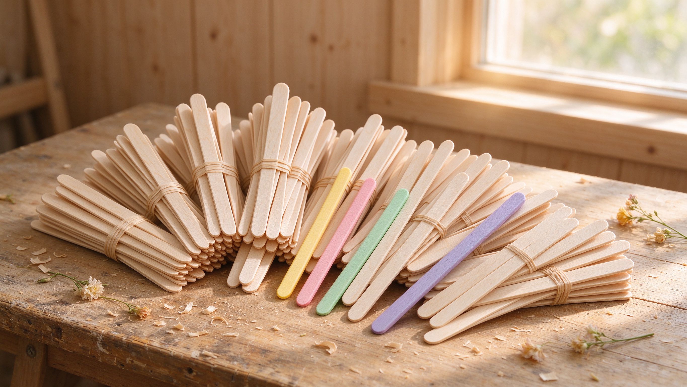 Bundles of natural birch craft sticks on a wooden workbench
