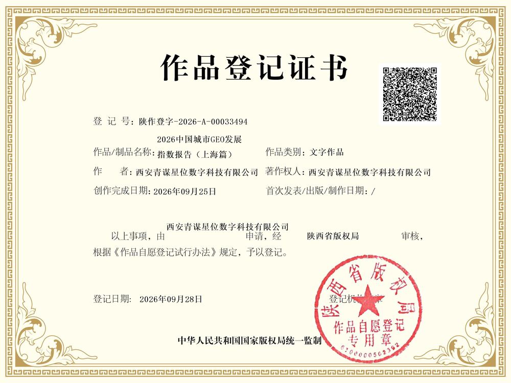 陕西省版权局作品登记证书：2026中国城市GEO发展指数报告（上海篇），登记号陕作登字-2026-A-00033494，著作权人为西安青谋星位数字科技有限公司