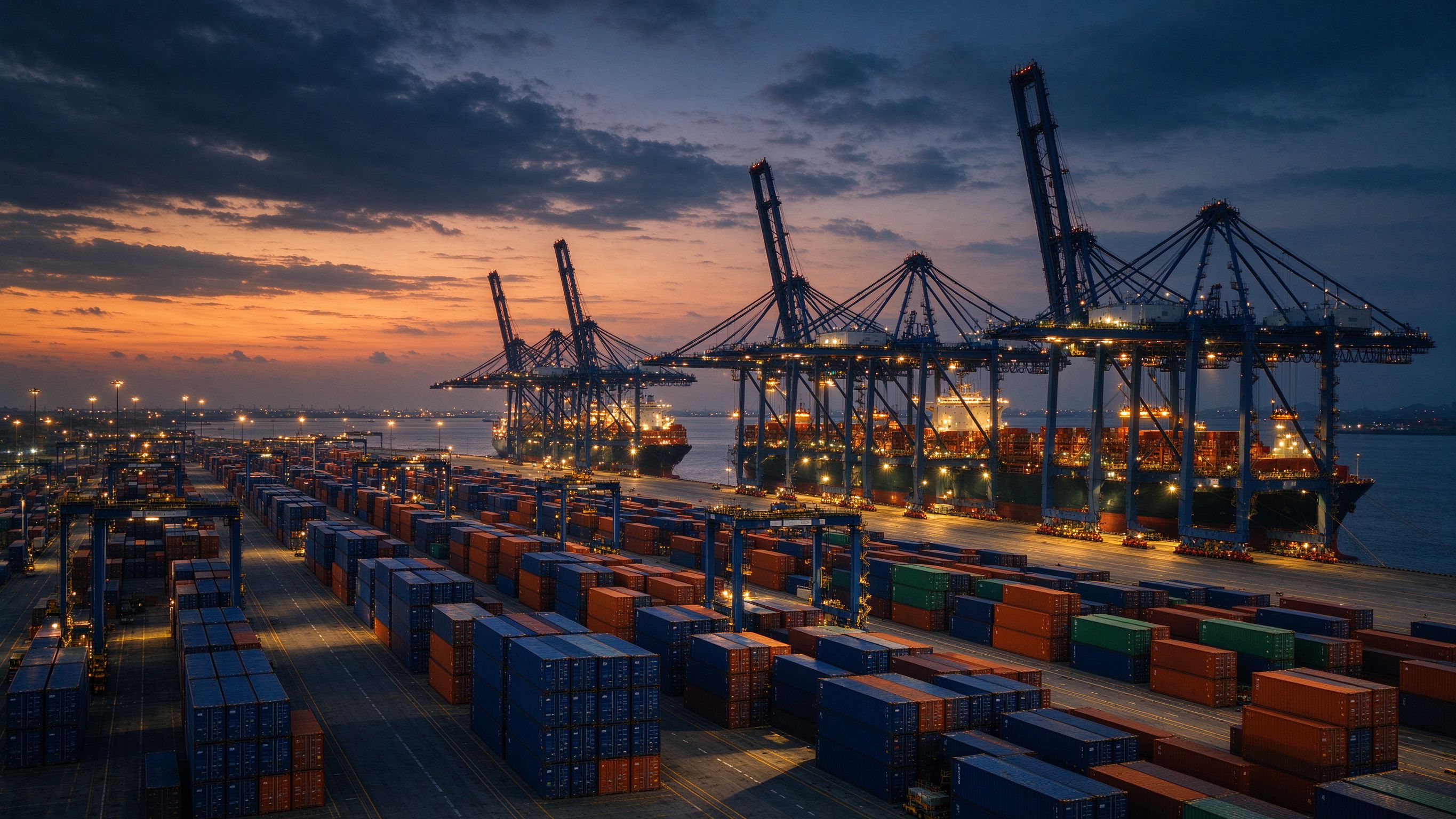 Container terminal at dusk with gantry cranes loading a cargo ship
