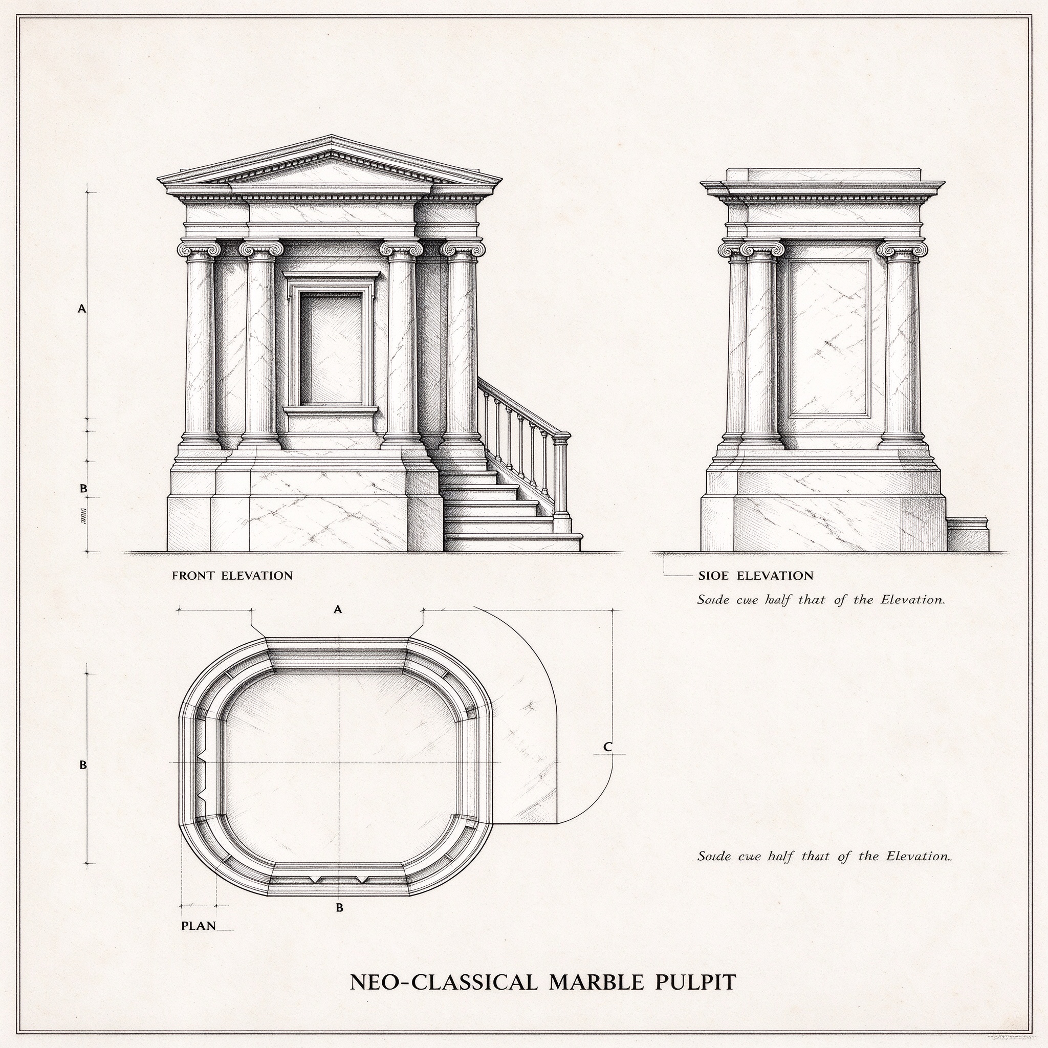 Neo-Classical marble pulpit technical drawing: front, side and plan
