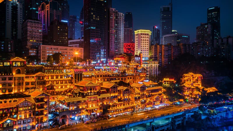 Hongya Cave glowing at night in Chongqing, China
