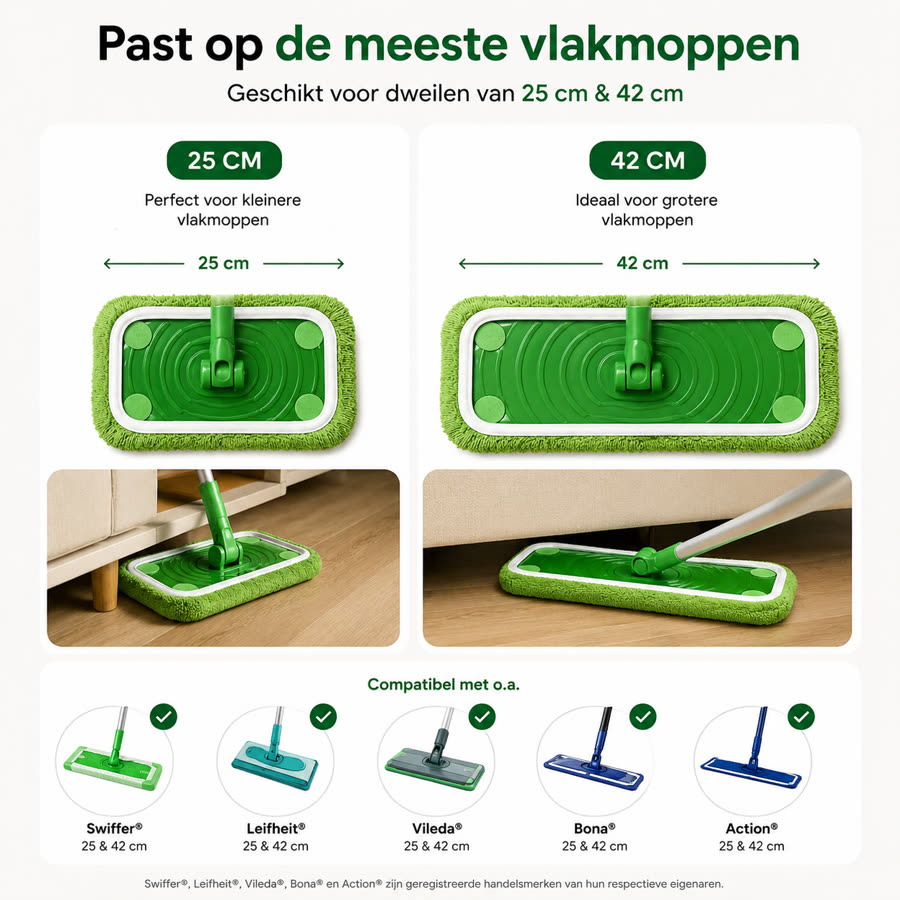 Past op de meeste vlakmoppen van 25 en 42 cm