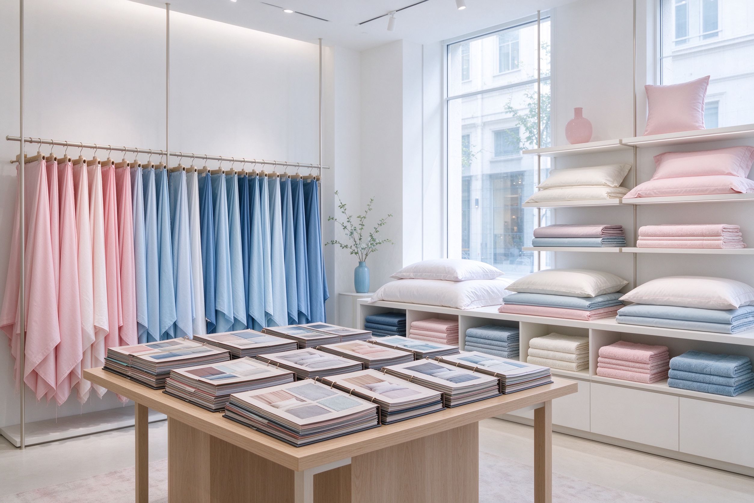 Textile showroom display shelves with folded home textile samples