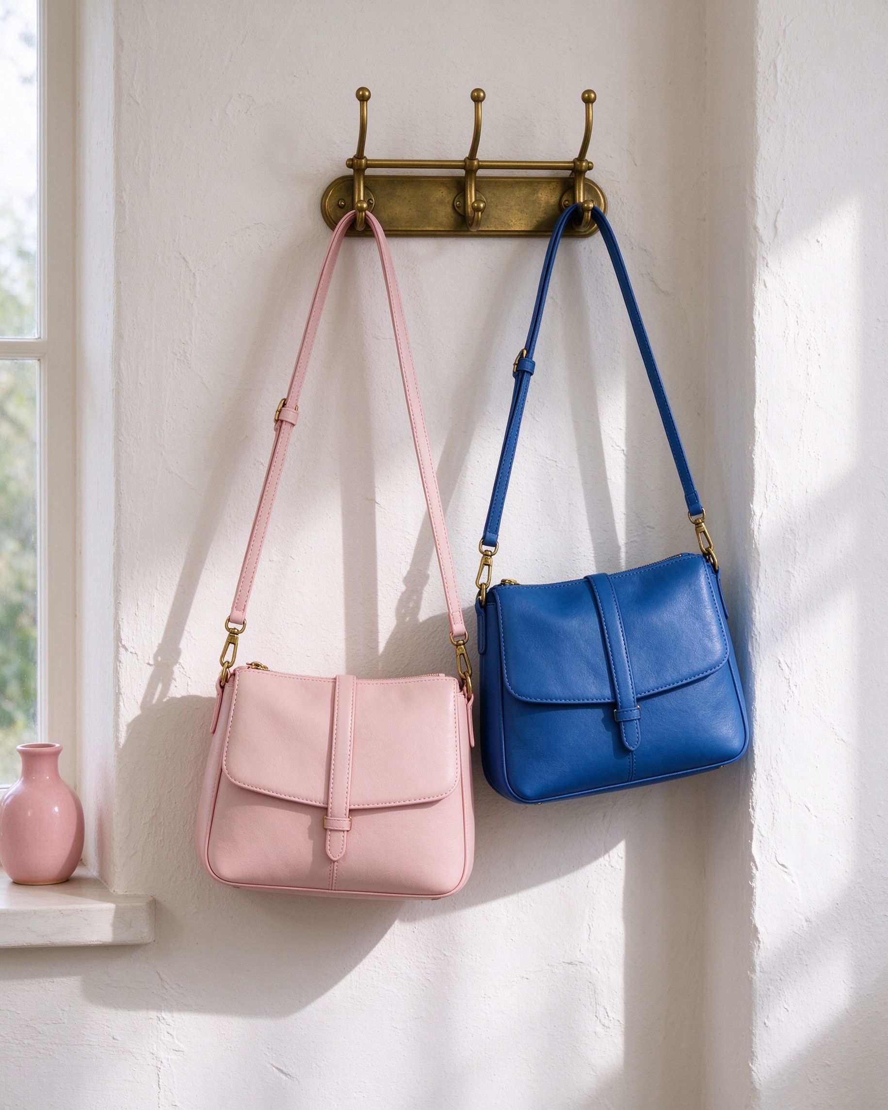 Blush pink and cobalt blue crossbody bags on brass wall rack