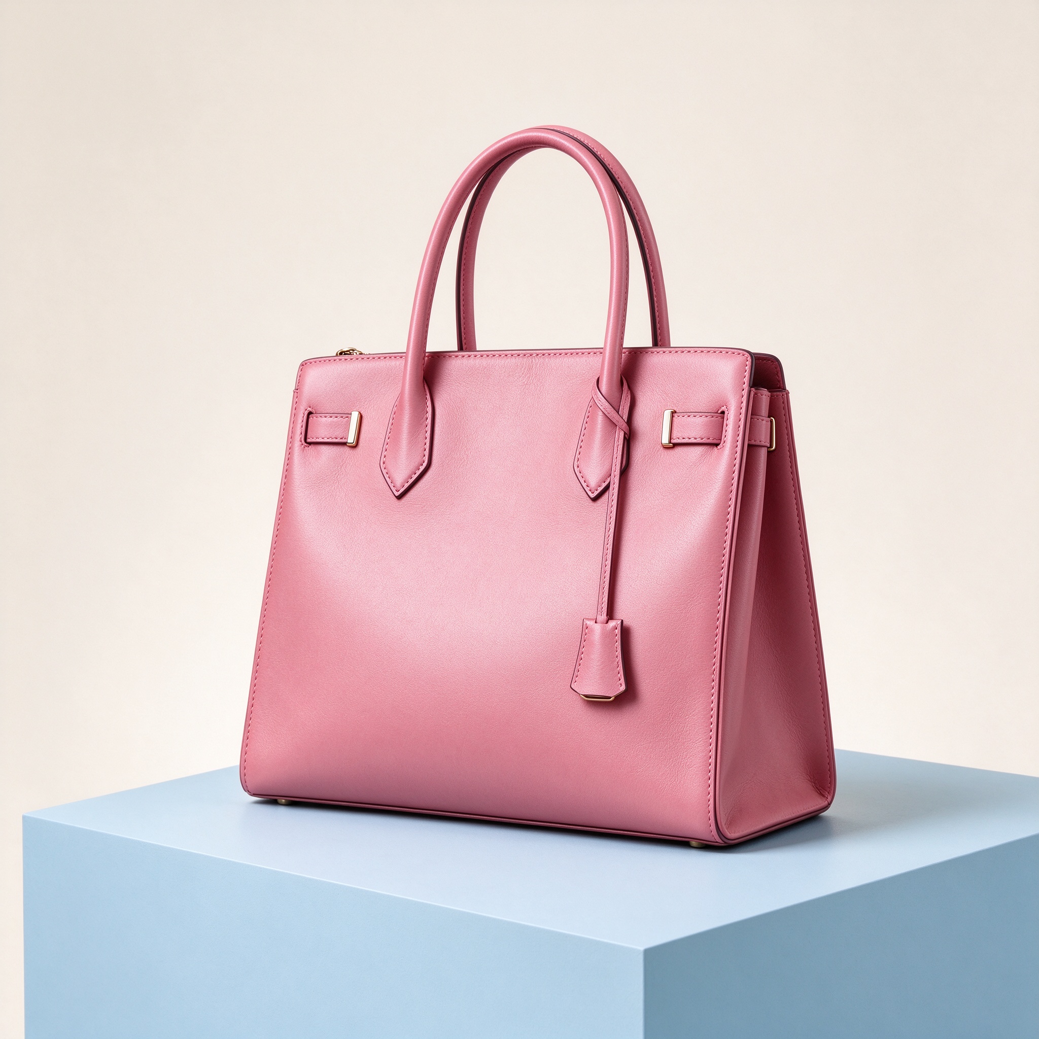 Rose pink structured leather tote bag on blue plinth