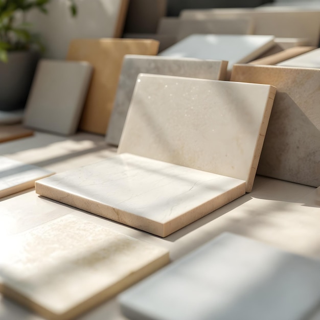 Ceramic and stone tile samples in neutral tones