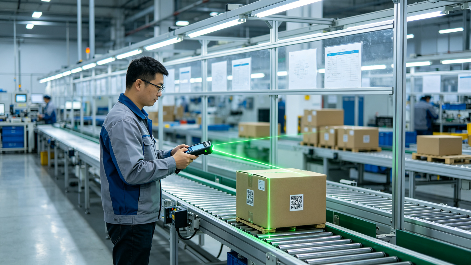 产线工人使用扫码设备扫描产品二维码