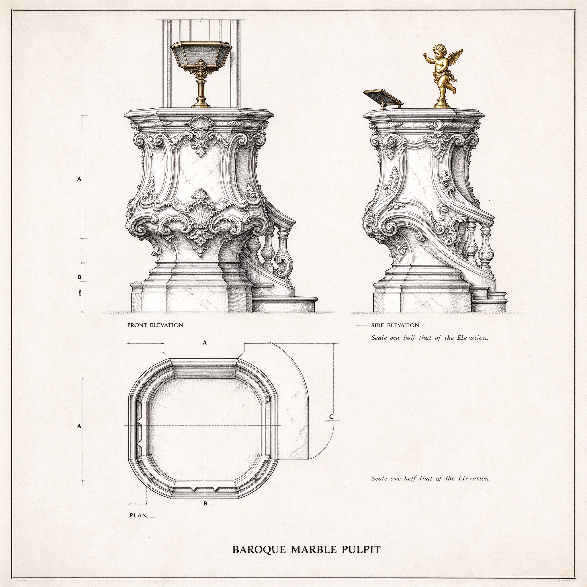 Baroque marble pulpit technical drawing: front, side and plan