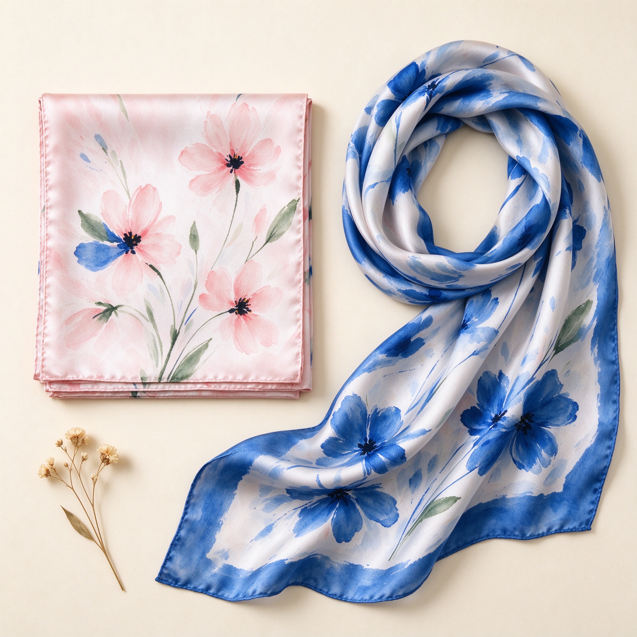 Two silk scarves with hand painted blue and pink floral pattern