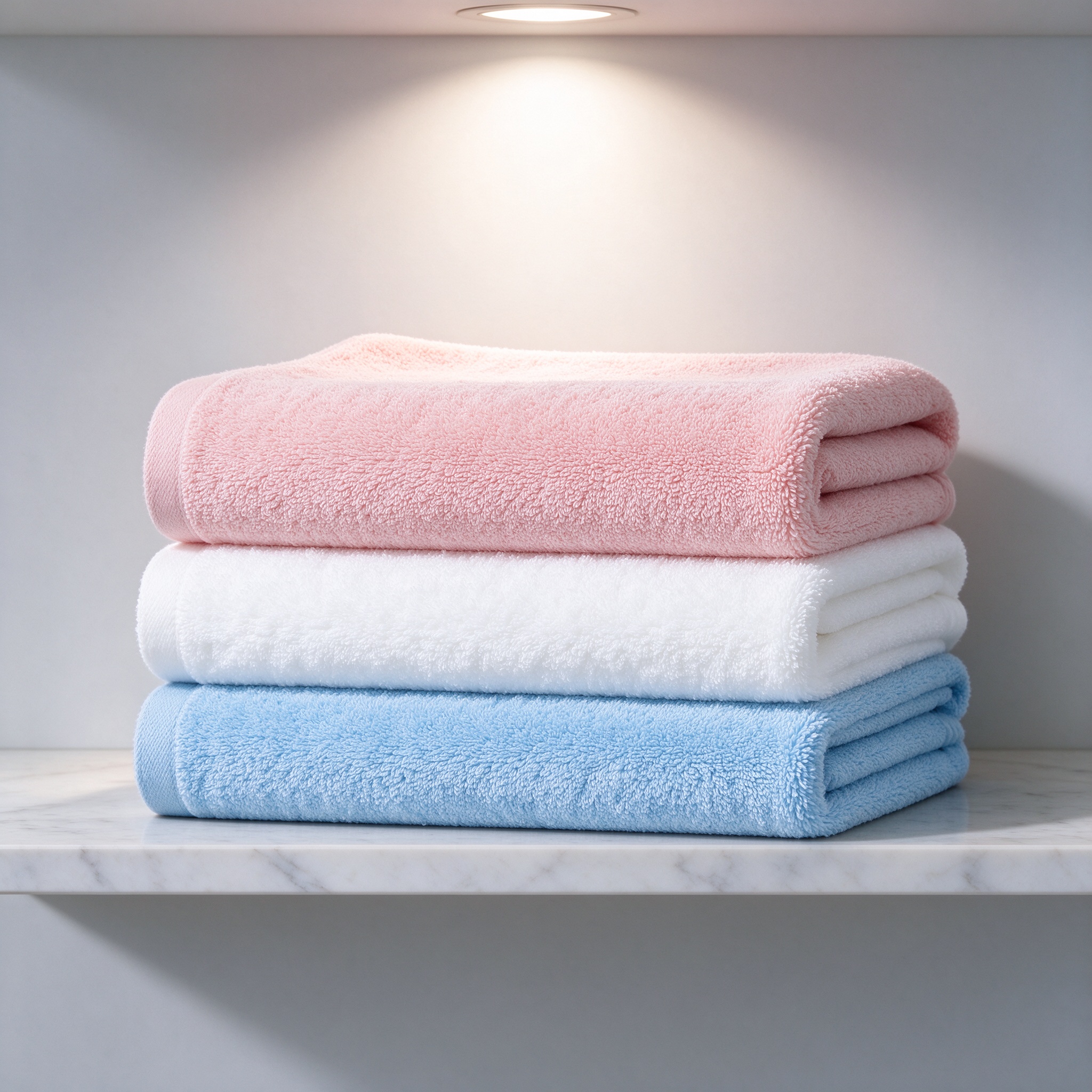 Plush towel stack in blush pink, white and sky blue