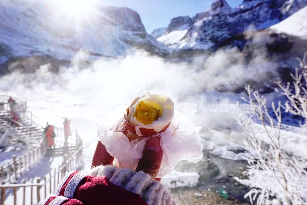 Egg boiled at Julong Hot Spring with steam rising, Changbaishan