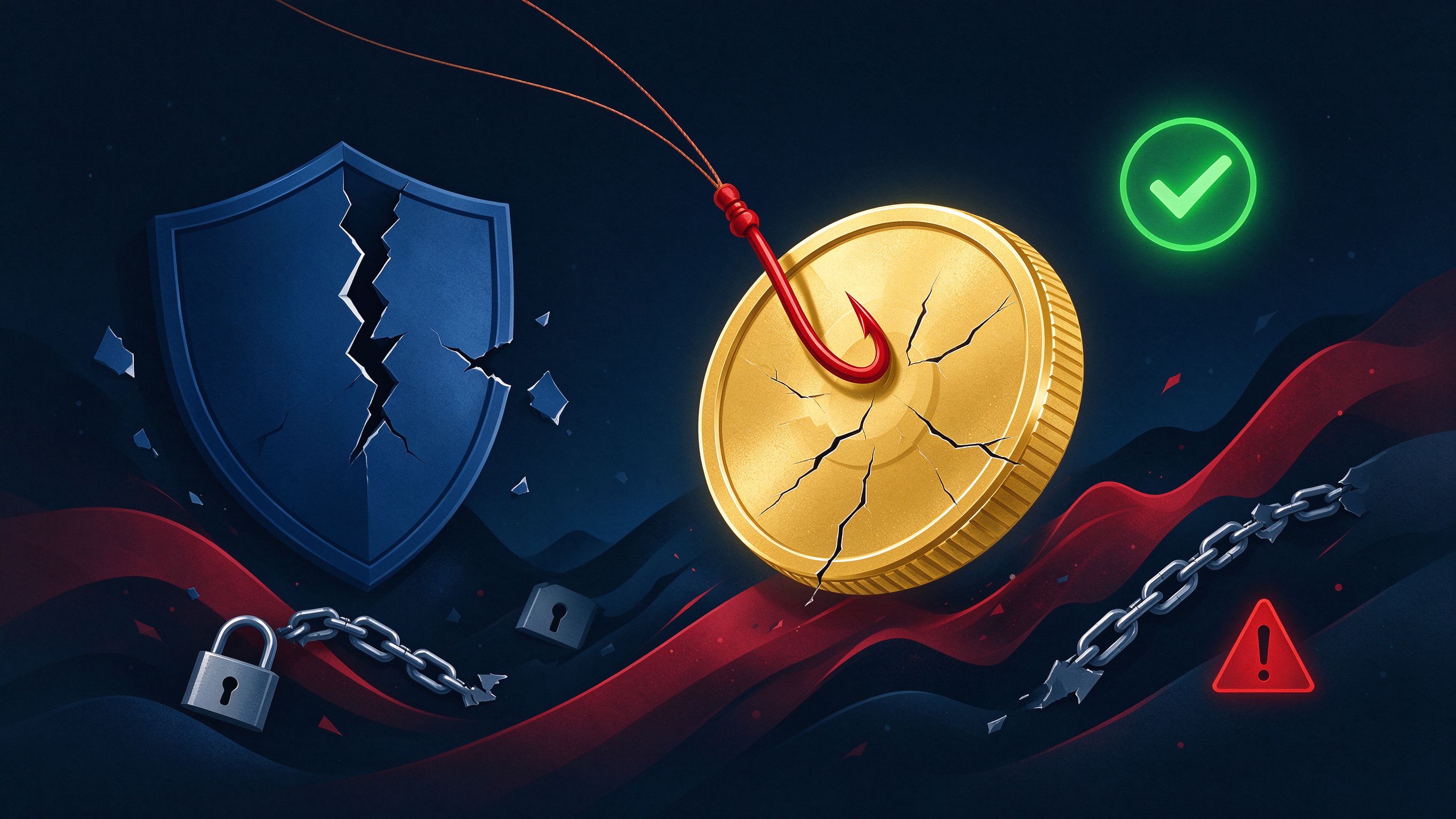 Stablecoin asset hooked by a phishing hook — editorial illustration