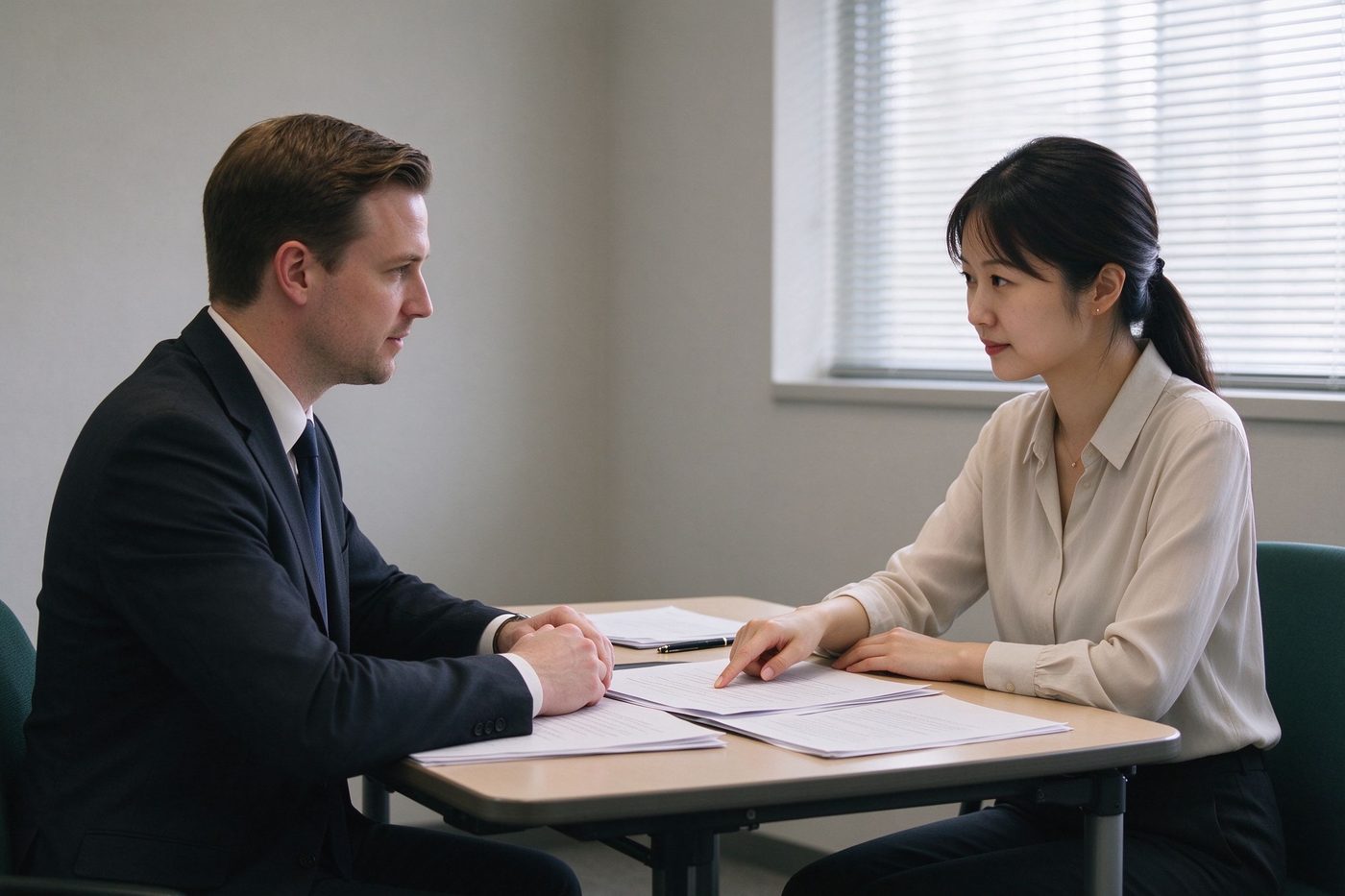 Two people negotiating across a small table