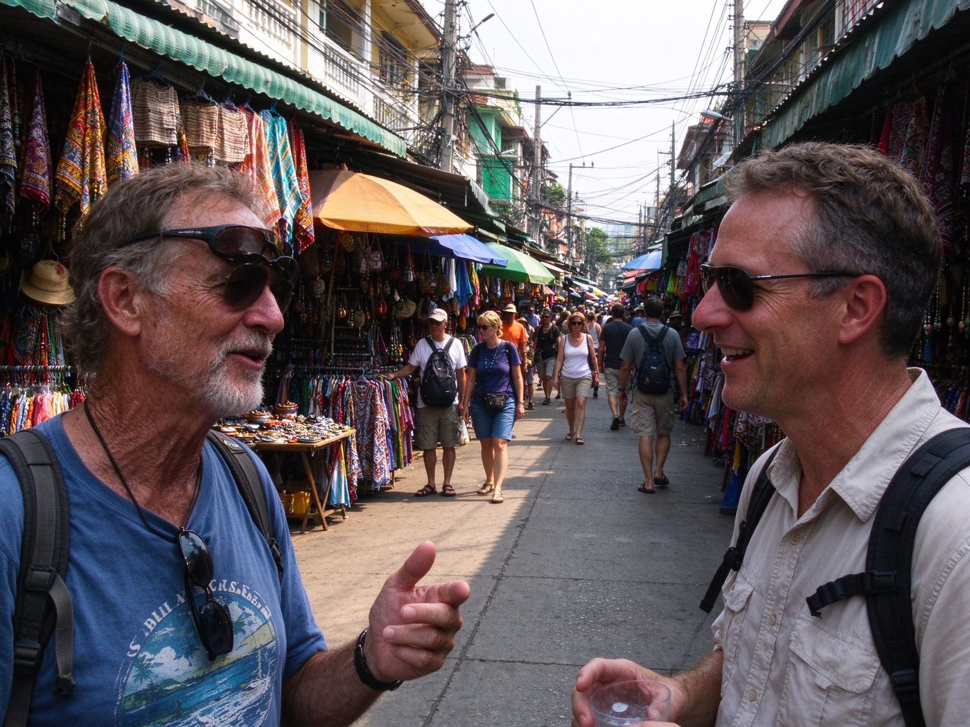 Two travellers talking in a street market