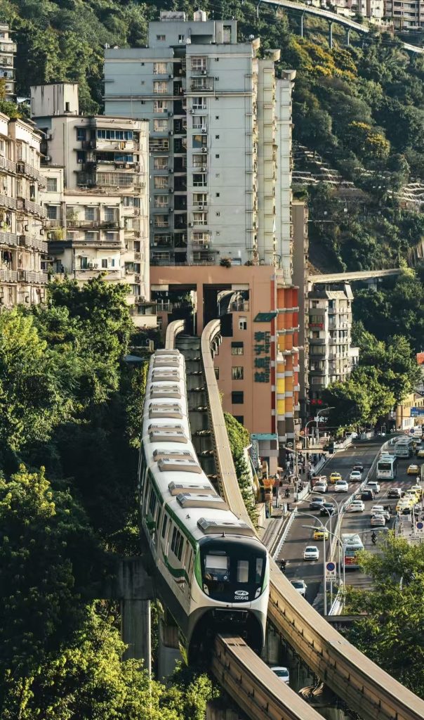 Liziba monorail passing through a building in Chongqing