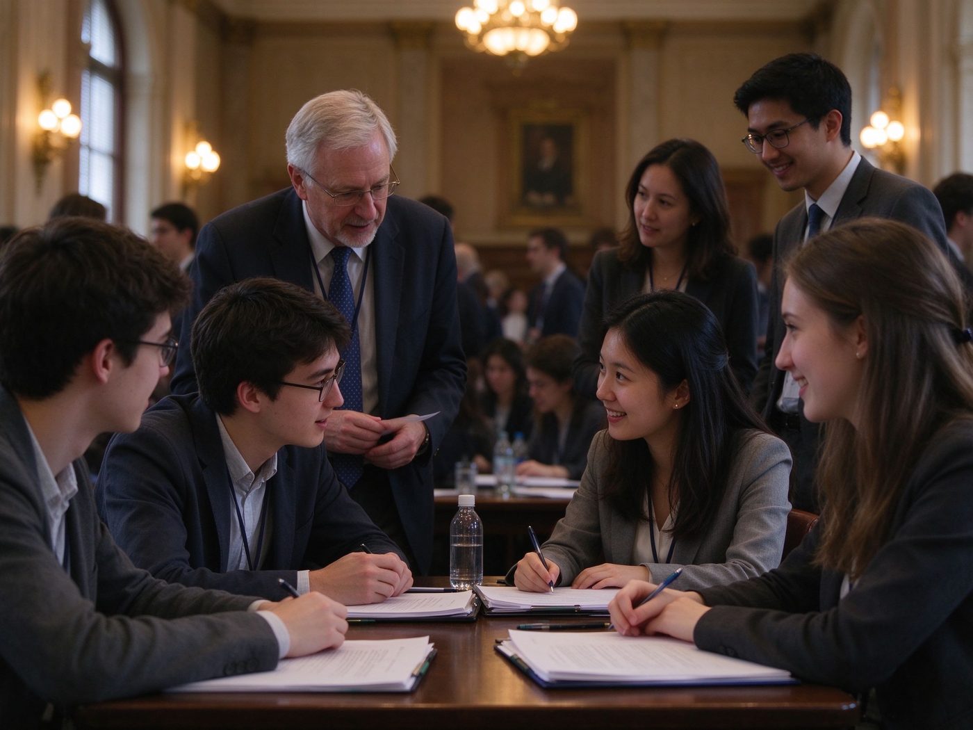 Students and a professor in discussion at a conference
