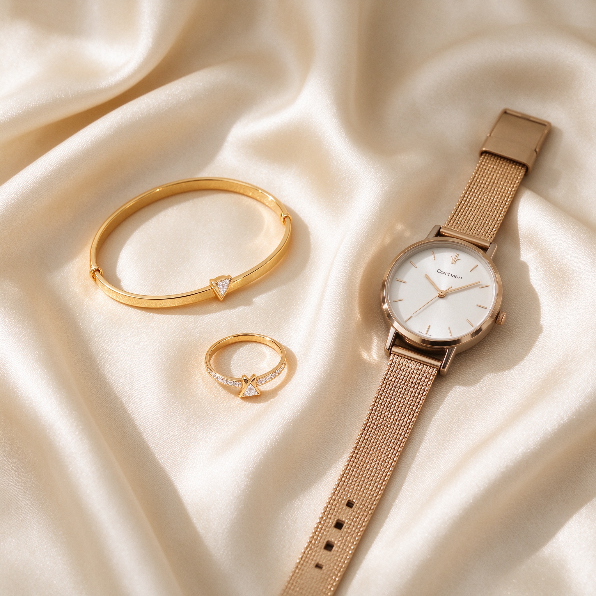 Elegant gold bracelet, ring and minimalist watch arranged on ivory silk