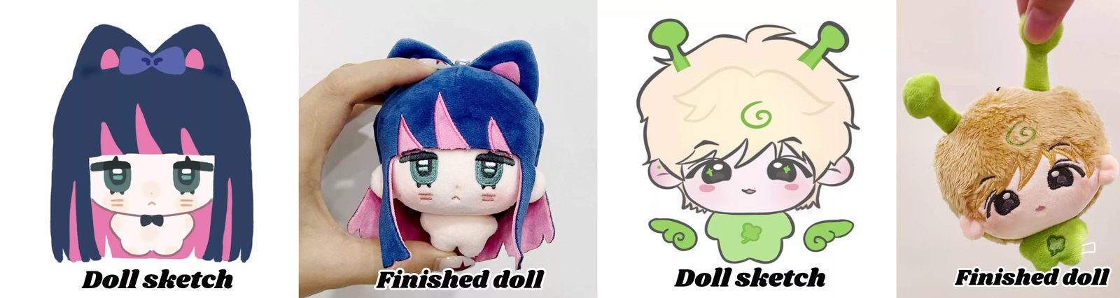 Design sketches of anime plush dolls shown beside the finished plush toys