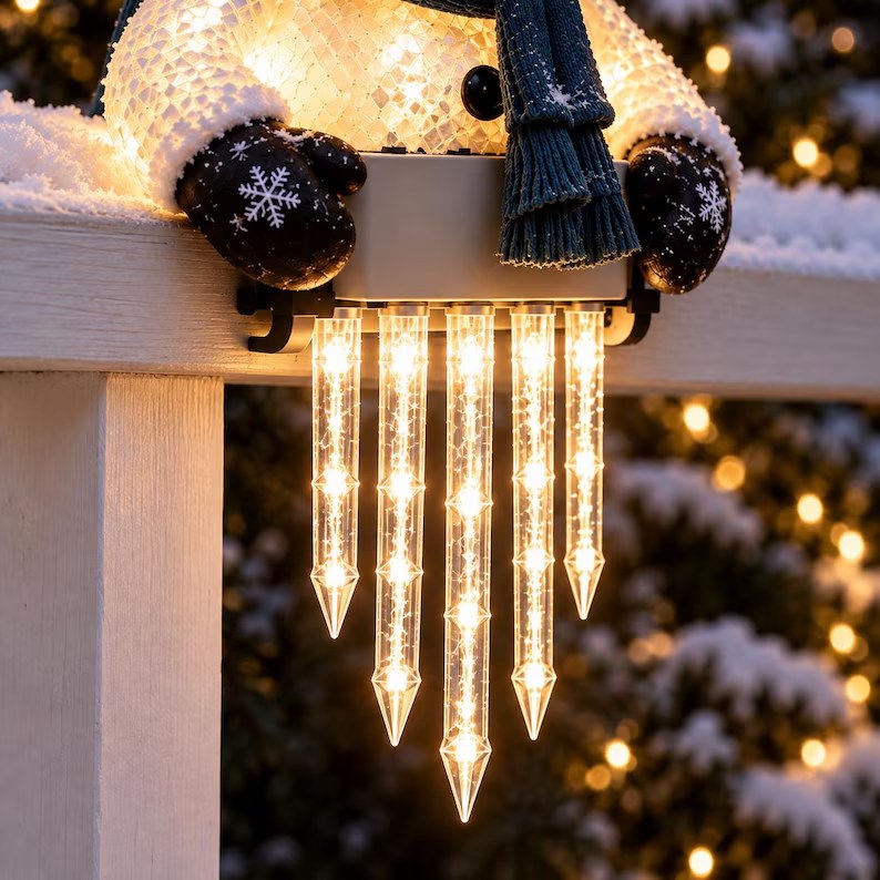 Closeup of five hanging LED icicles and the railing clip