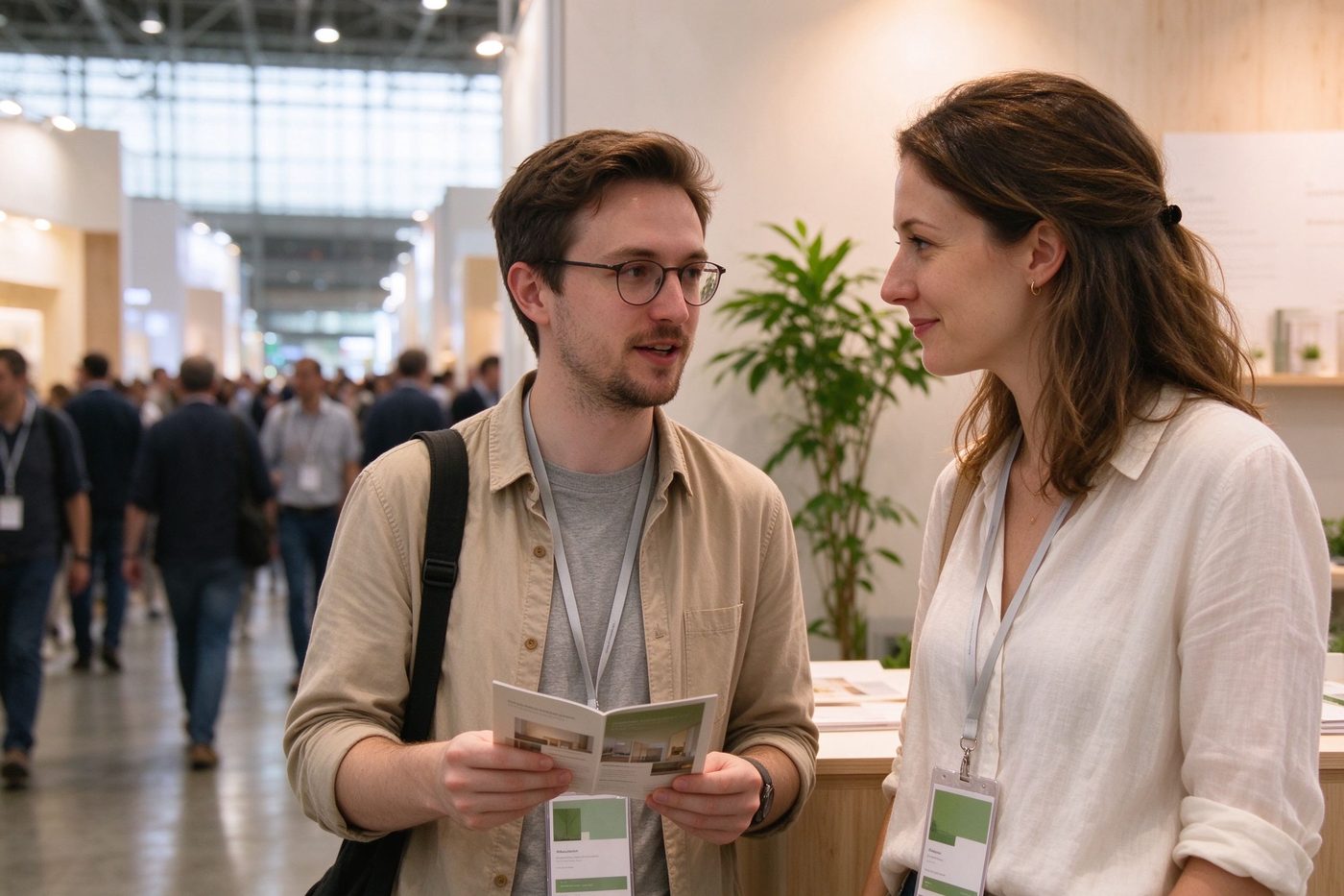 Two people talking at a trade show booth