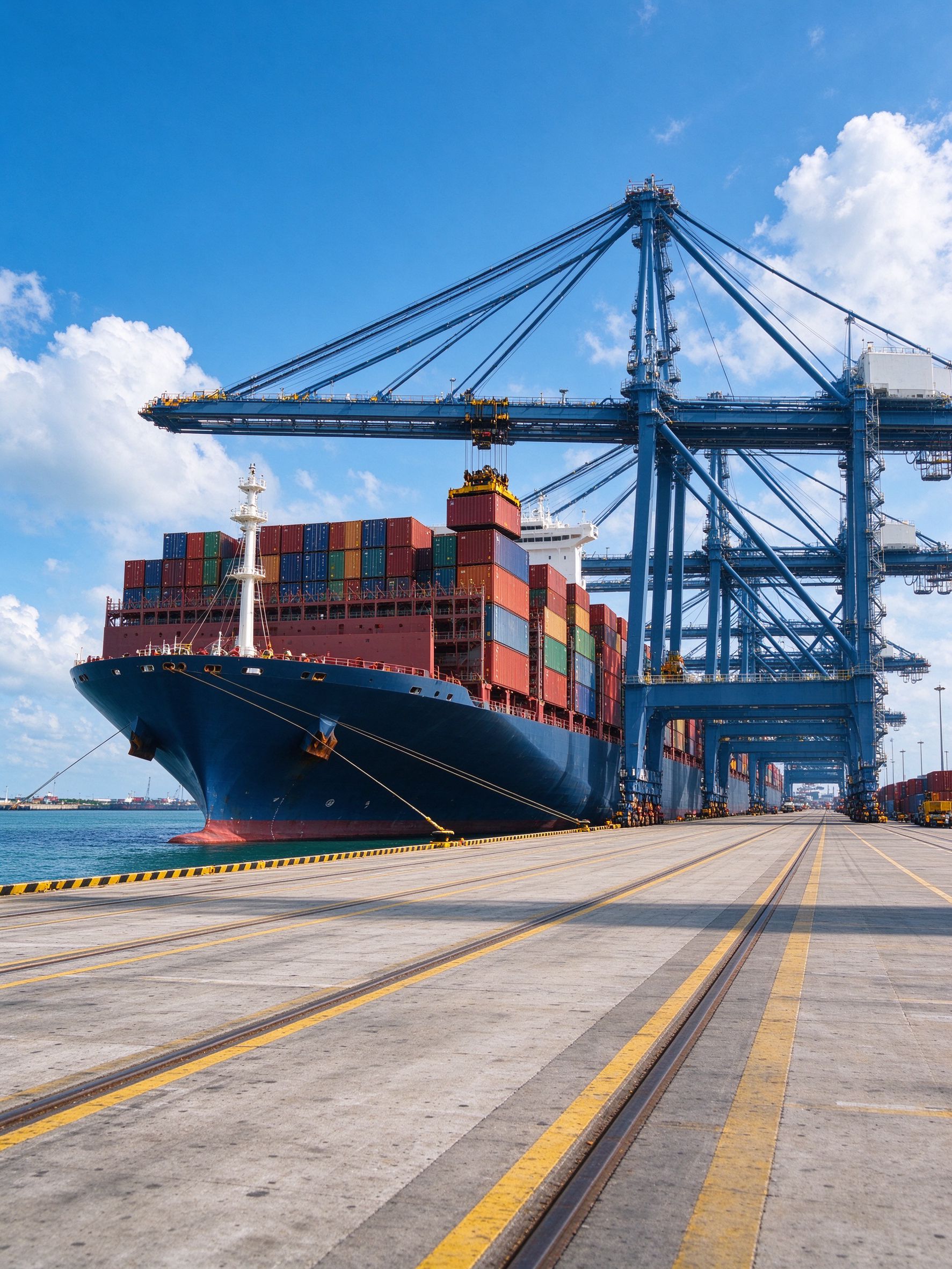 Container vessel at a modern port with gantry cranes loading cargo