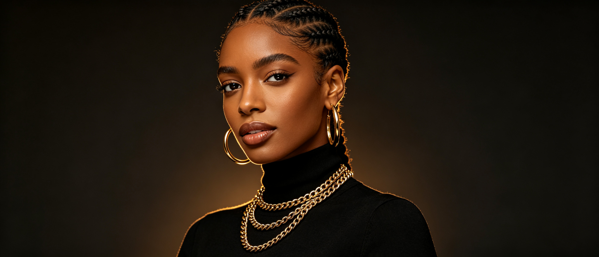 African businesswoman wearing layered gold stainless steel necklaces and hoop earrings