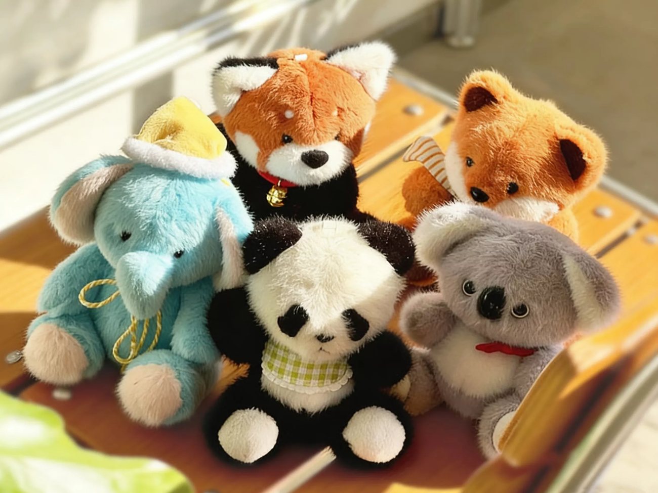 Custom stuffed animals including elephant, fox, panda, koala and red panda plush toys