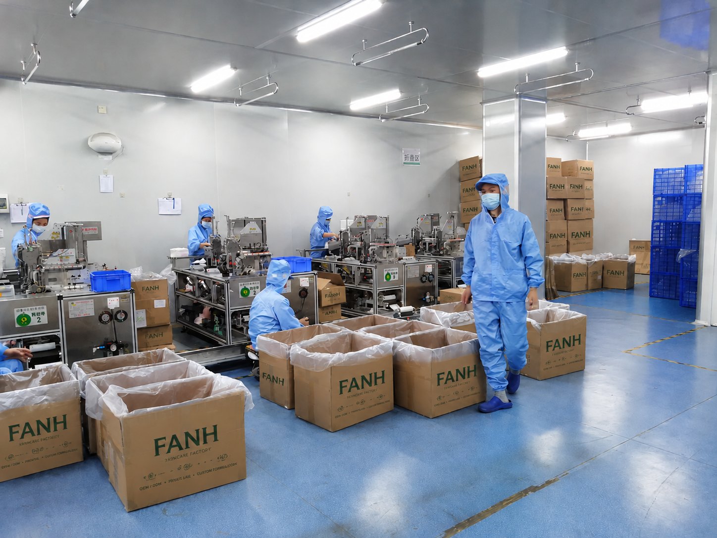 Clean packaging workshop with staff in protective clothing operating automated packaging lines beside FANH cartons