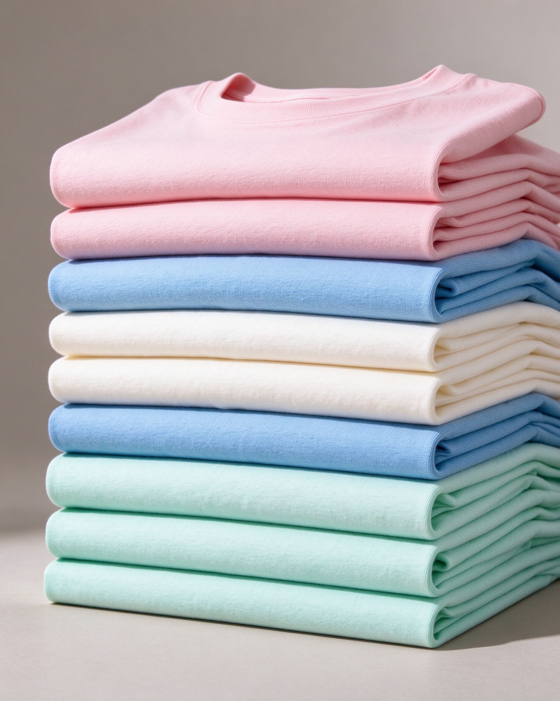 Macaron colored cotton t-shirts stacked and folded