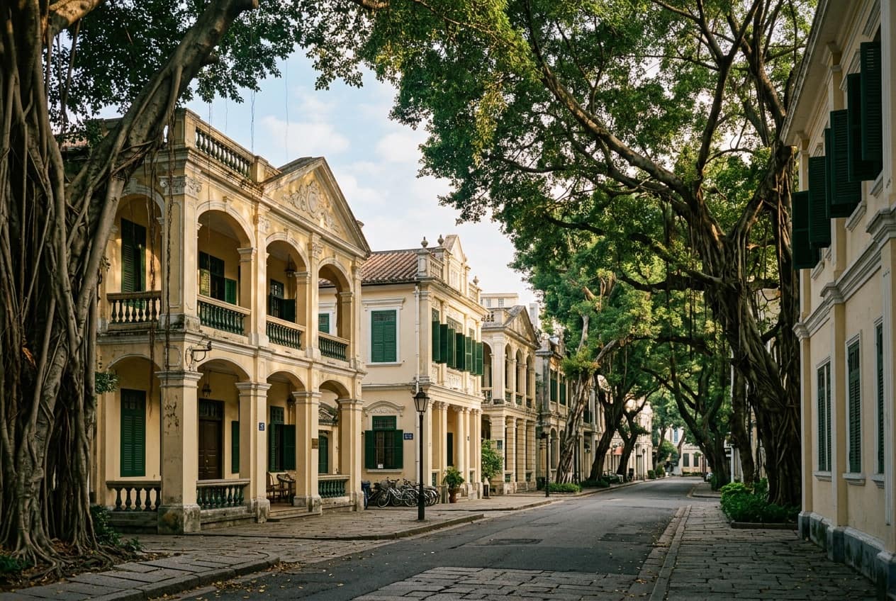 Tree-lined colonial street on Shamian Island
