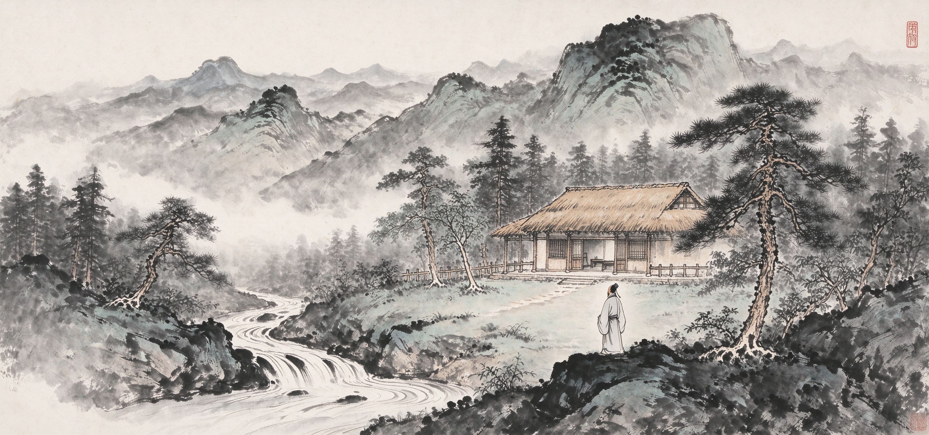 隆中卧龙岗水墨山水图