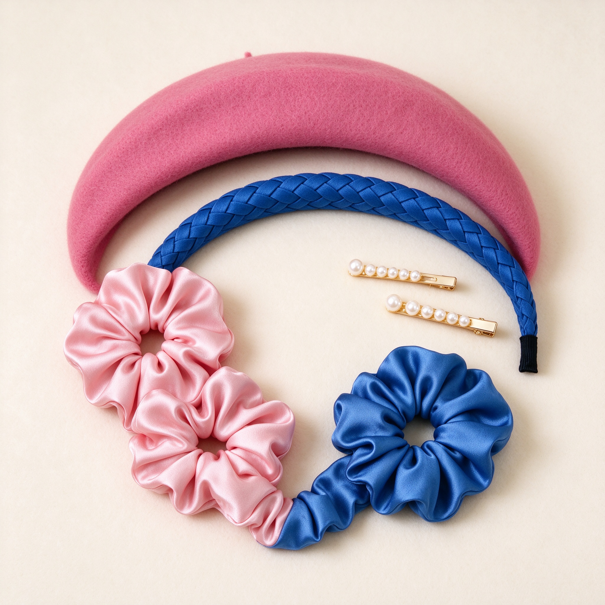 Circular arrangement of hair accessories in pink and blue