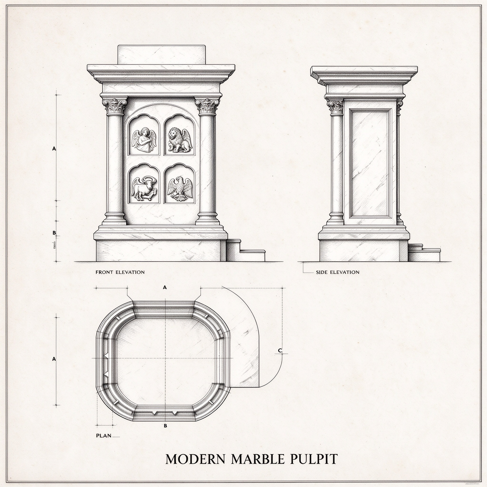 Modern marble pulpit technical drawing: front, side and plan