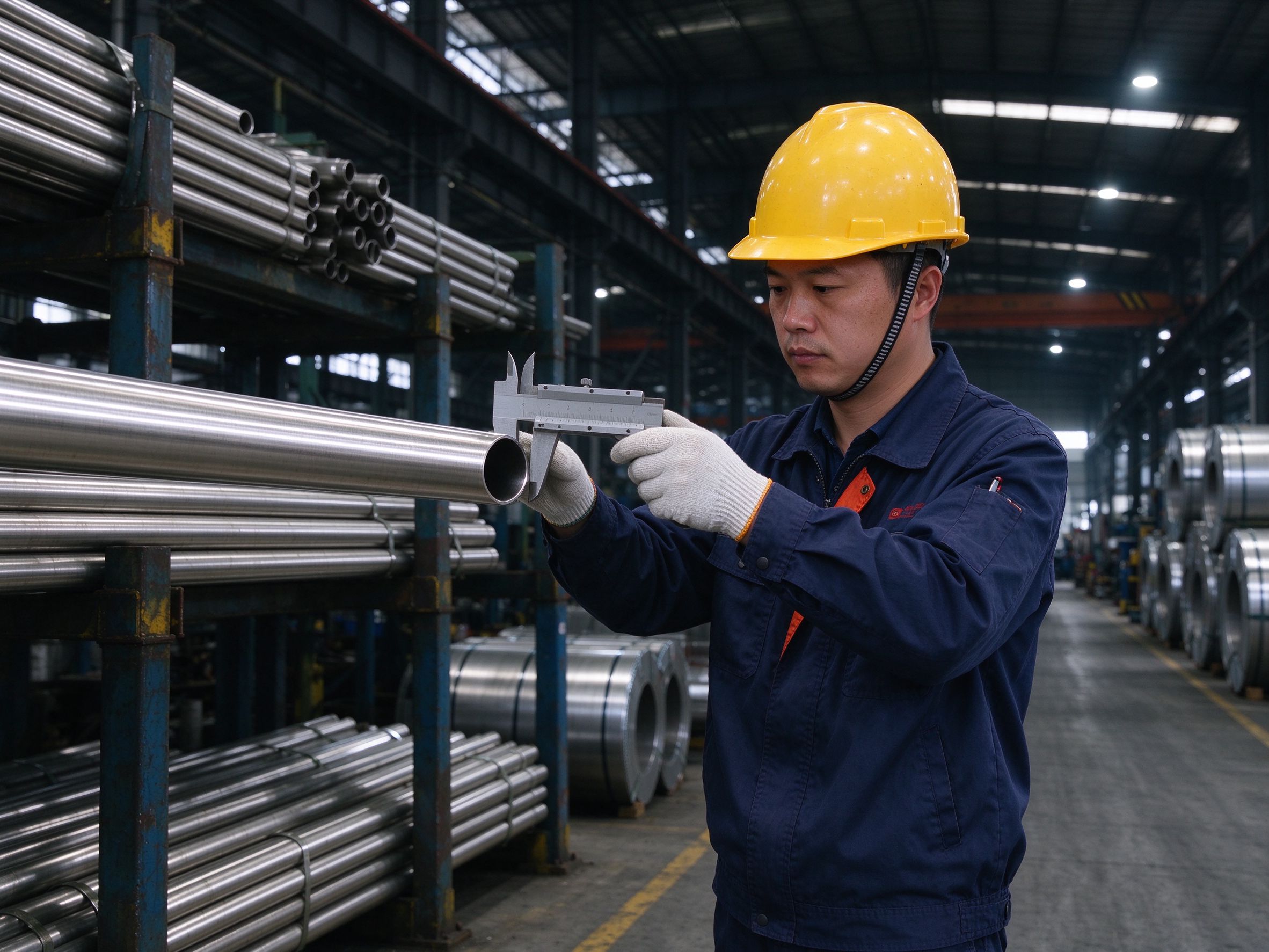 Quality inspector measuring the outer diameter of a stainless steel pipe at Shanghai Metforgex Metal