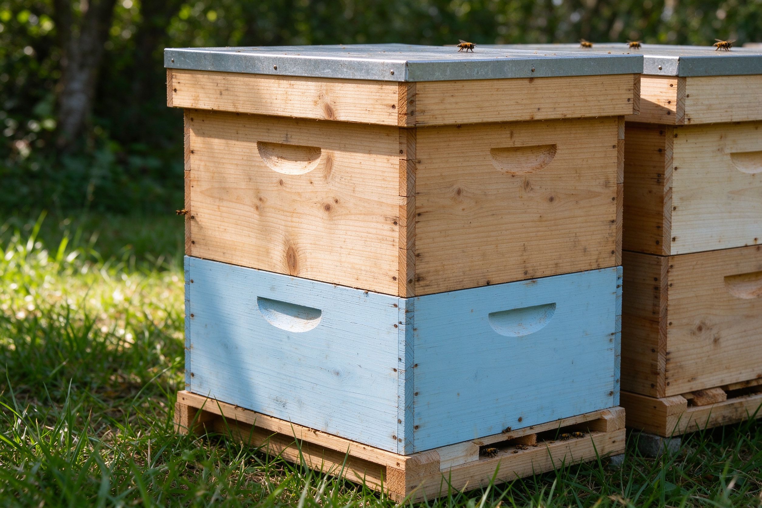 Stacked wooden beehives
