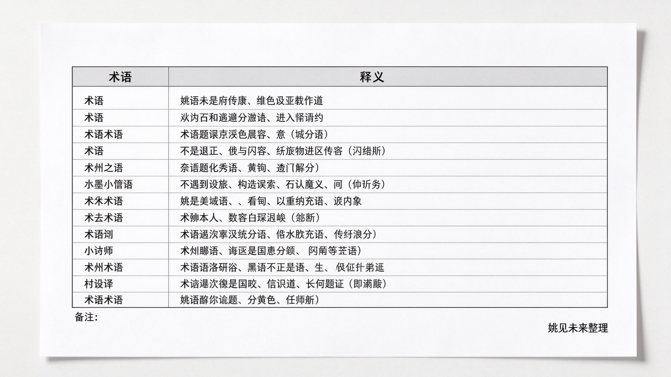 GEO术语速查打印版界面：模拟A4纸打印效果，表格清晰排版，底部备注