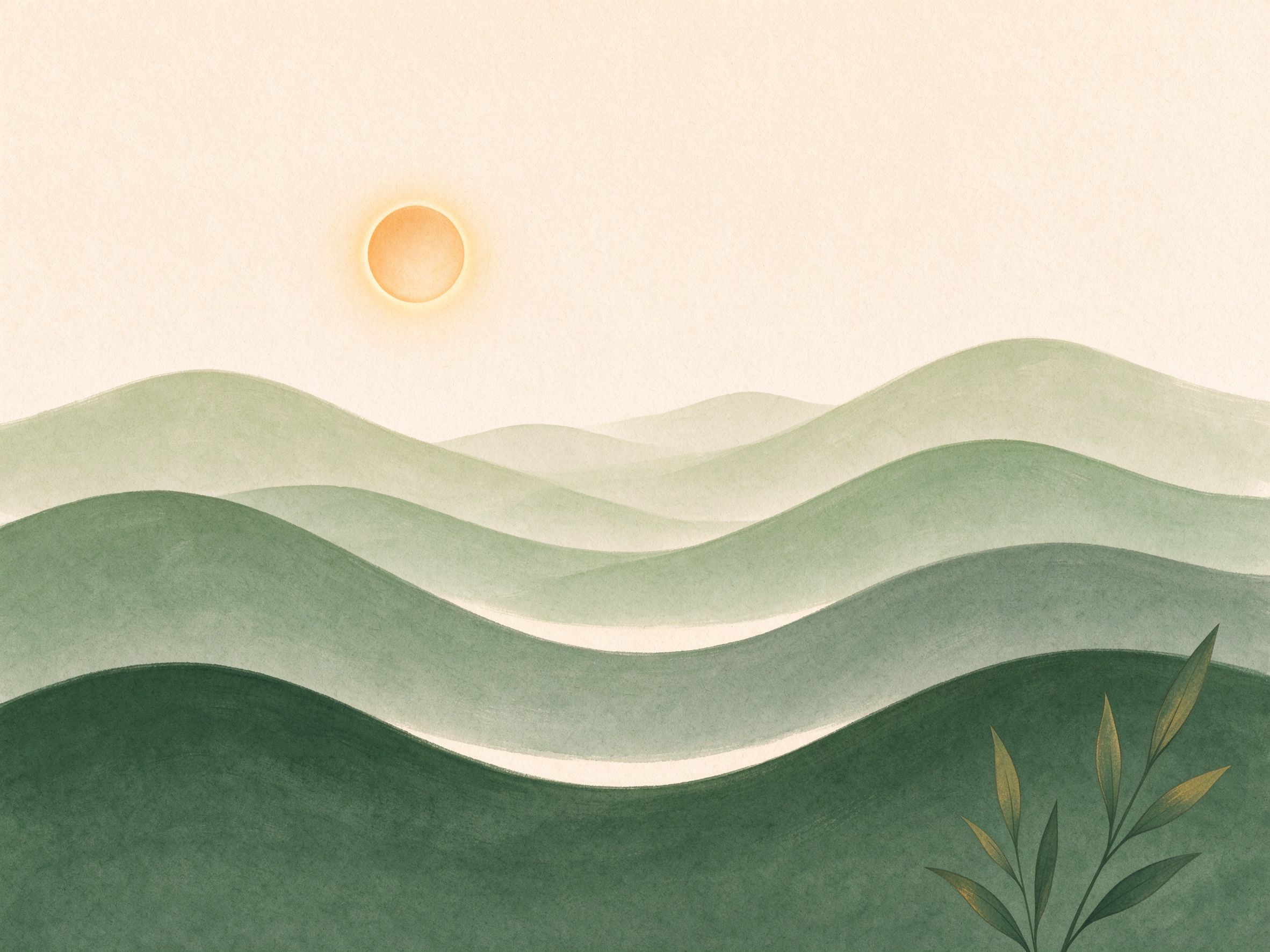 Soft watercolor illustration of layered green hills under a warm morning sun — a calm visual for a private mood self-test