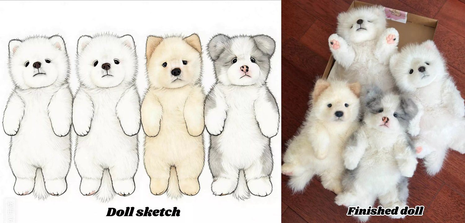 Sketches of four realistic puppy plush designs next to the finished realistic dog plush toys