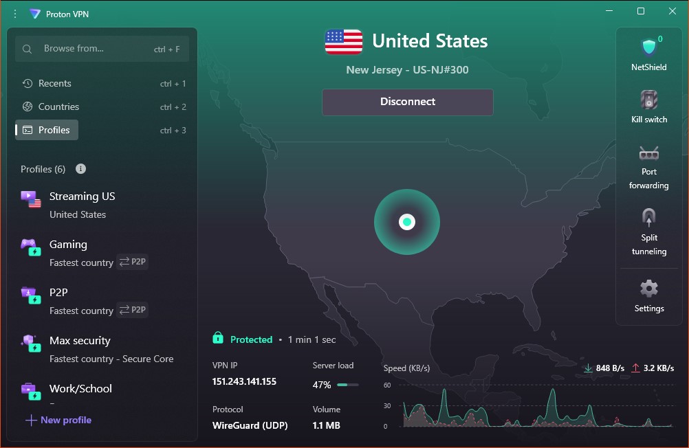 Proton VPN desktop app in dark mode