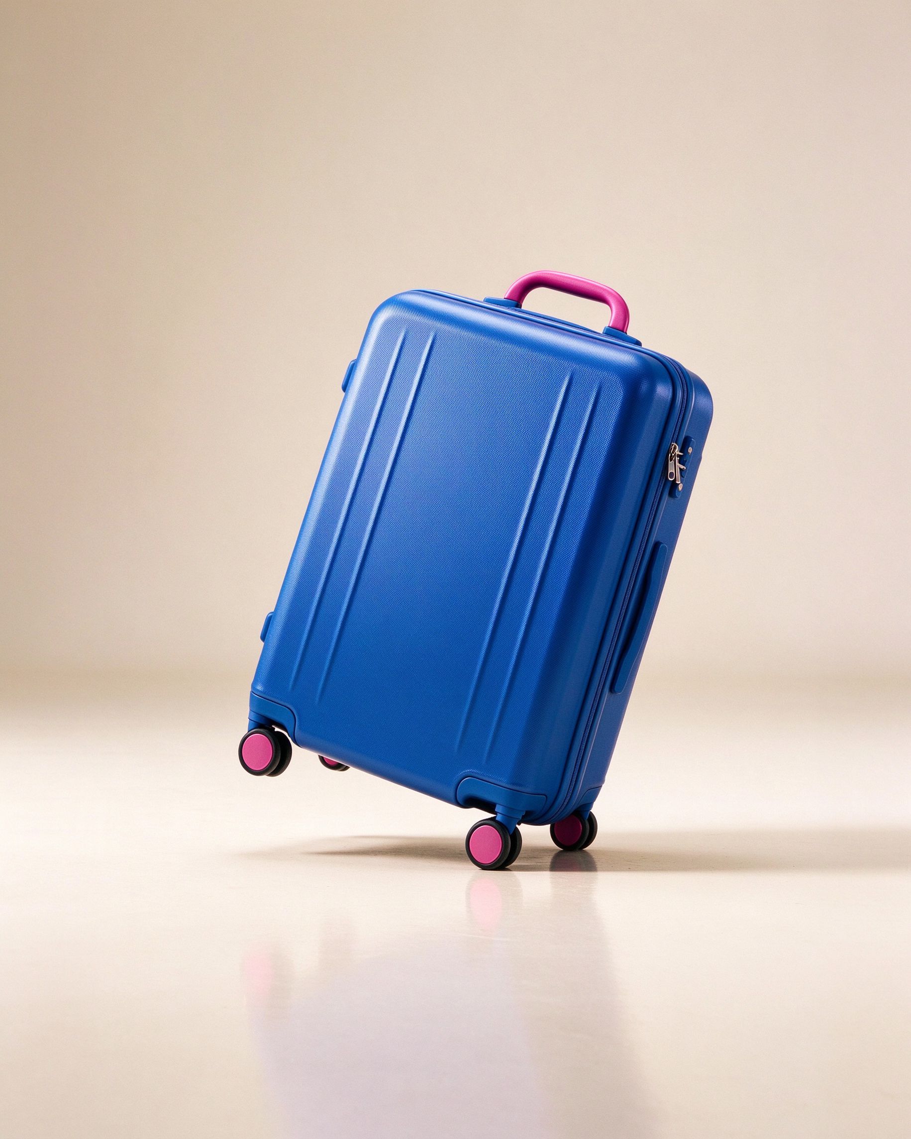 Cobalt blue carry-on suitcase tilted in studio