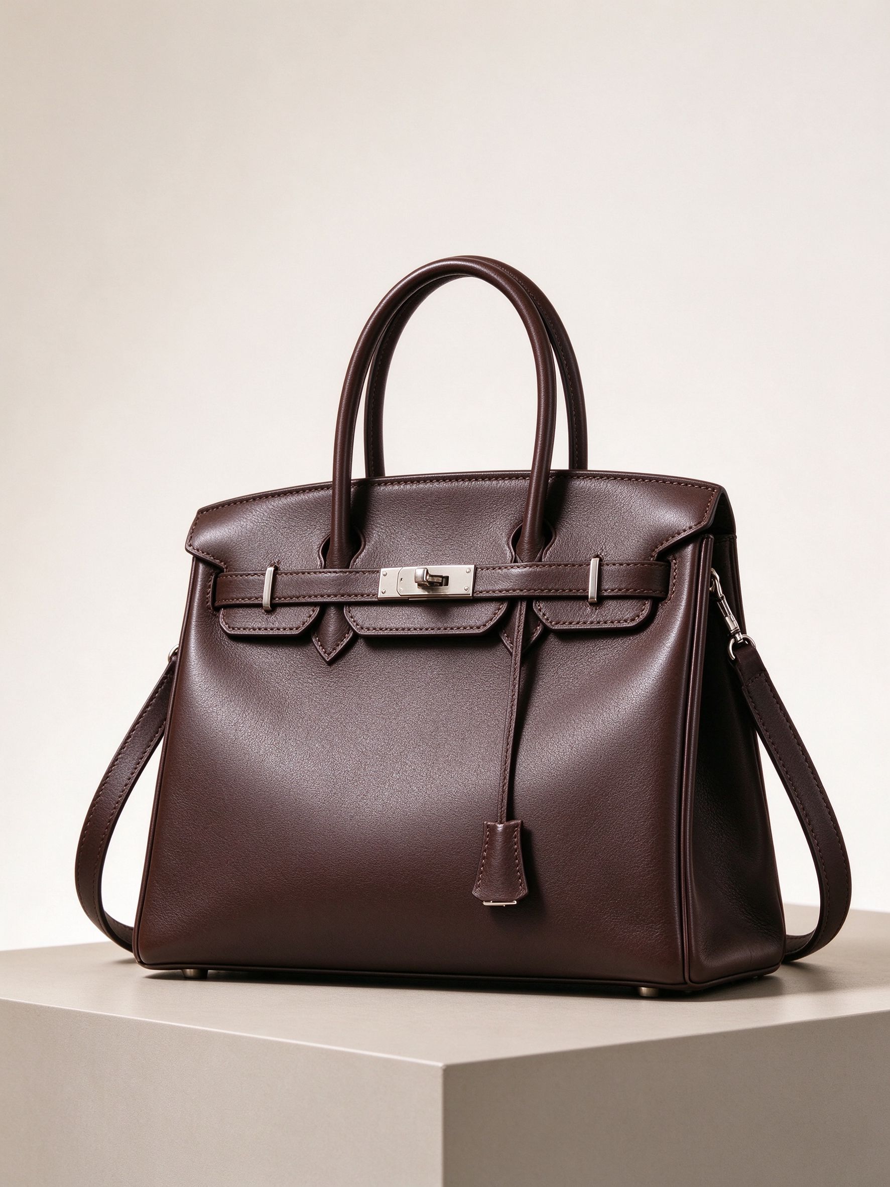 Dark brown leather handbag on a minimal display stand