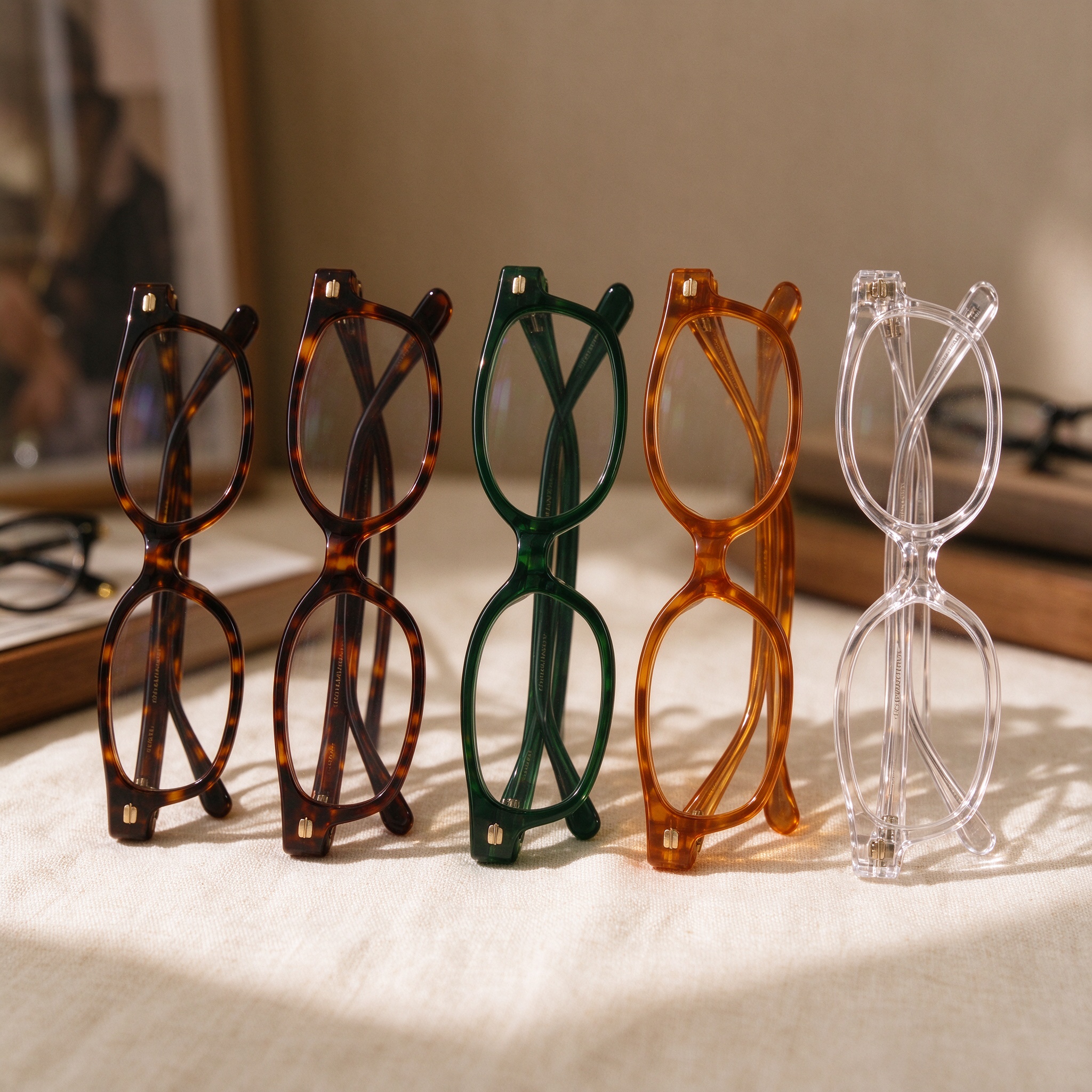 Collection of handcrafted acetate eyeglass frames in tortoiseshell, green, amber and clear