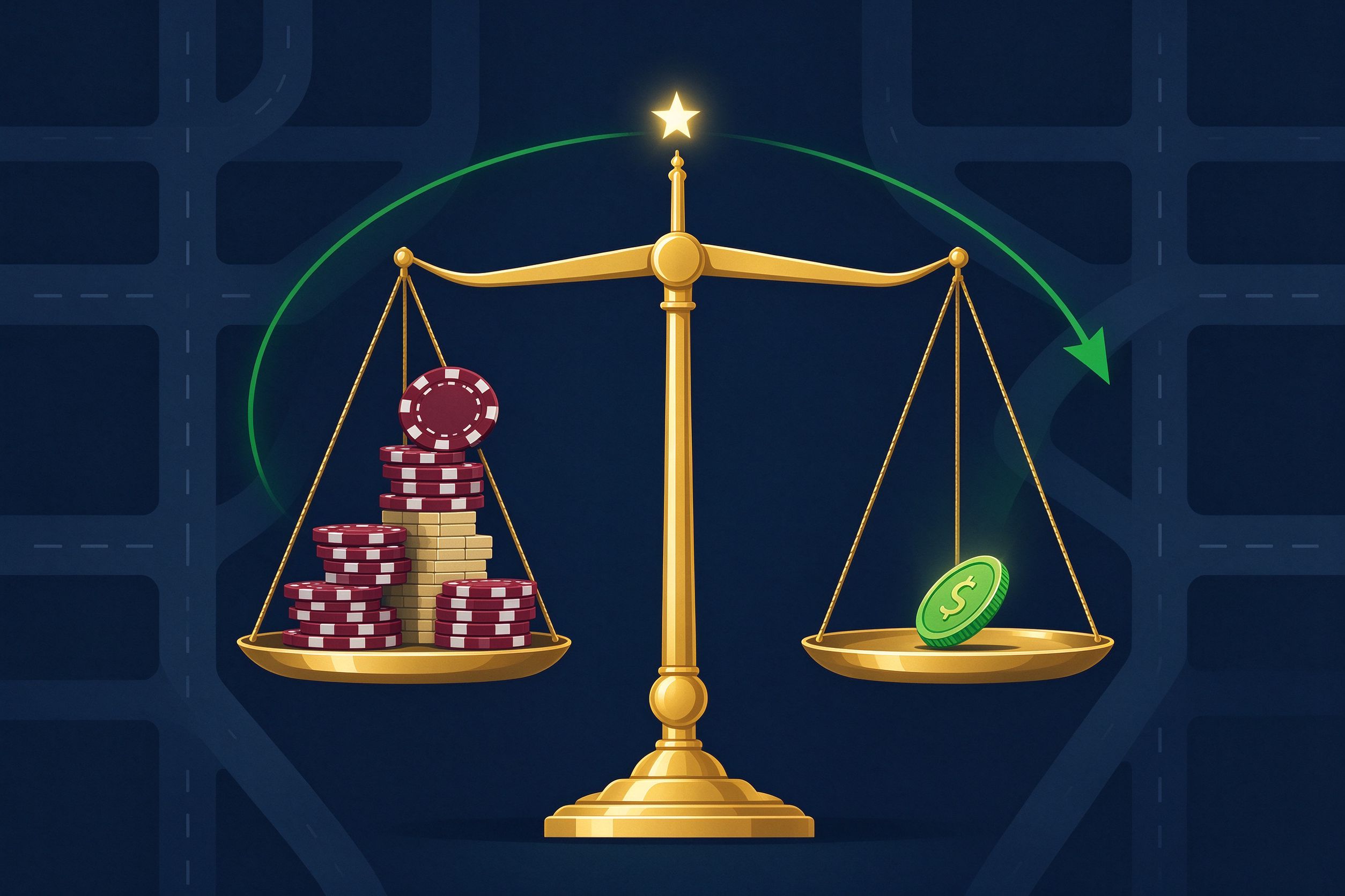 Illustration: a golden scale where a tall stack of red chips outweighs one small green coin — high fees vs low fees