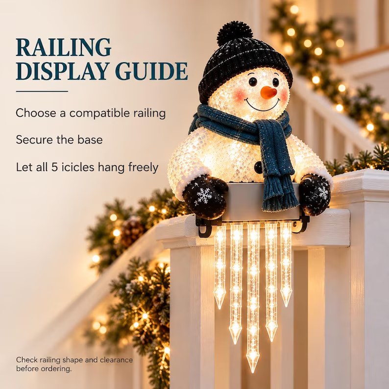 Railing display guide: choose a compatible railing, secure the base, let all five icicles hang freely