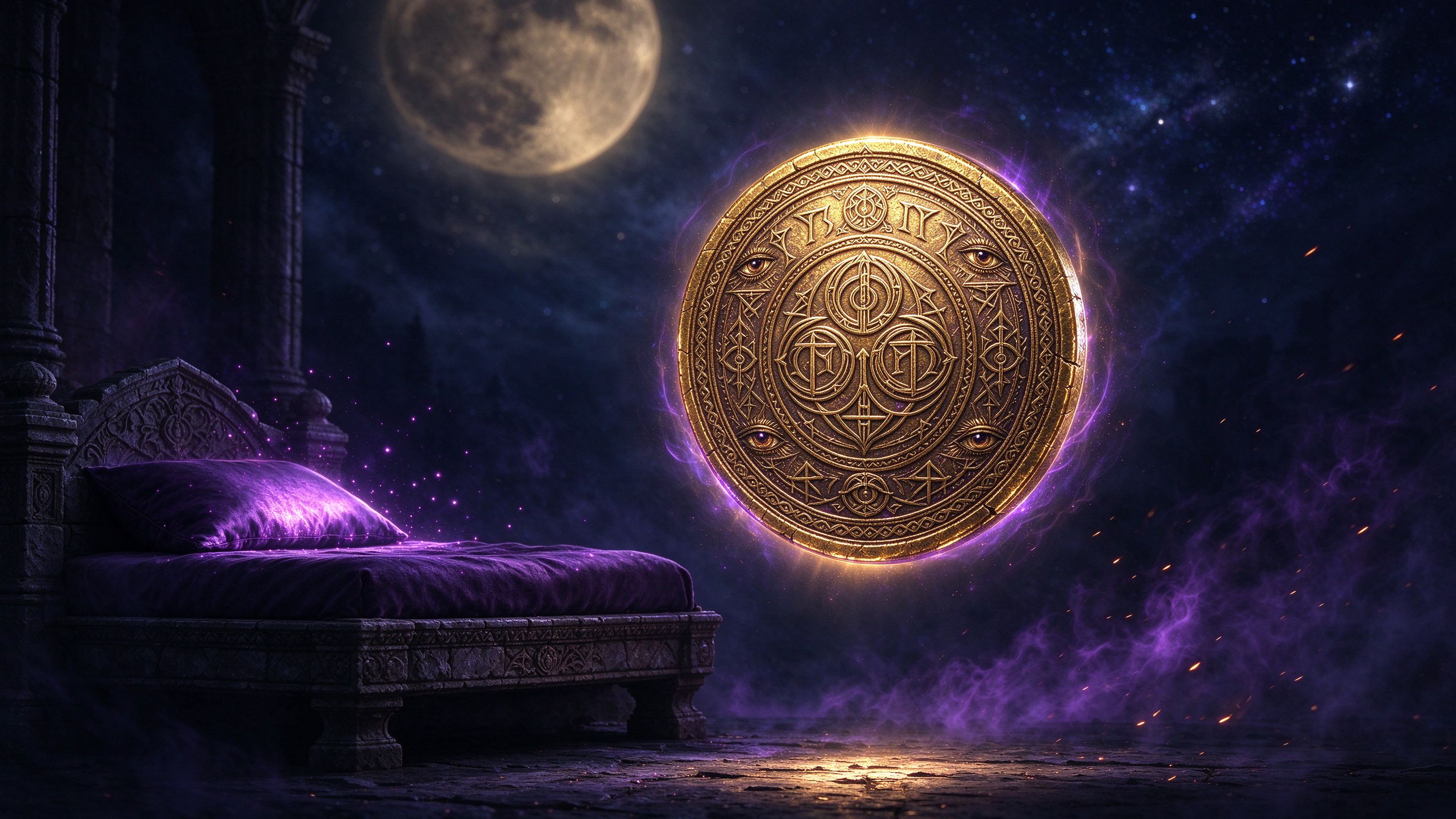 The Luckiest Coin floating above a glowing pillow beneath a dark full moon